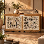 Handcrafted Solid Wood Sideboard Cabinet with Intricate Mandala Carved Doors