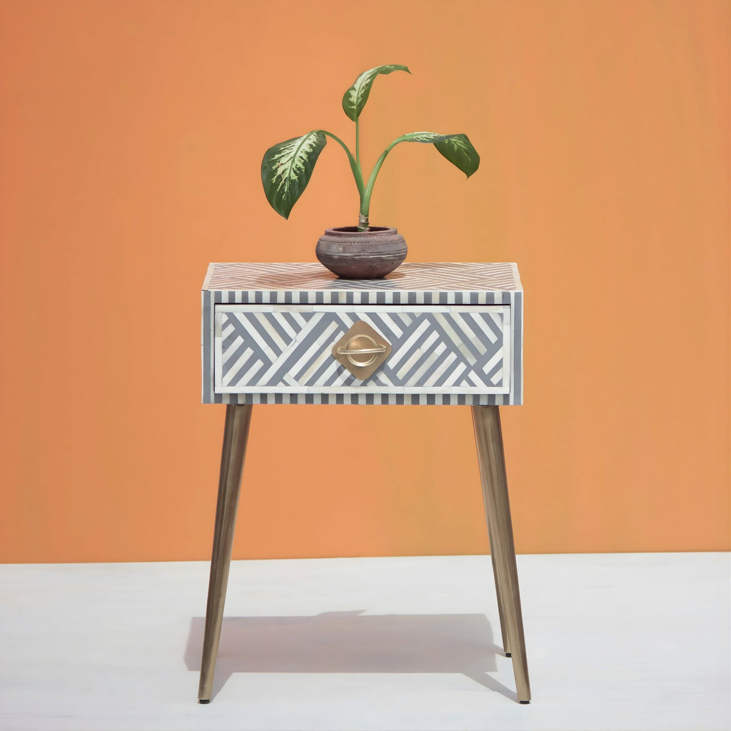 Aabha Sky Blue Bone Inlay 1 Drawer Bedside Table