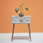 Aabha Sky Blue Bone Inlay 1 Drawer Bedside Table