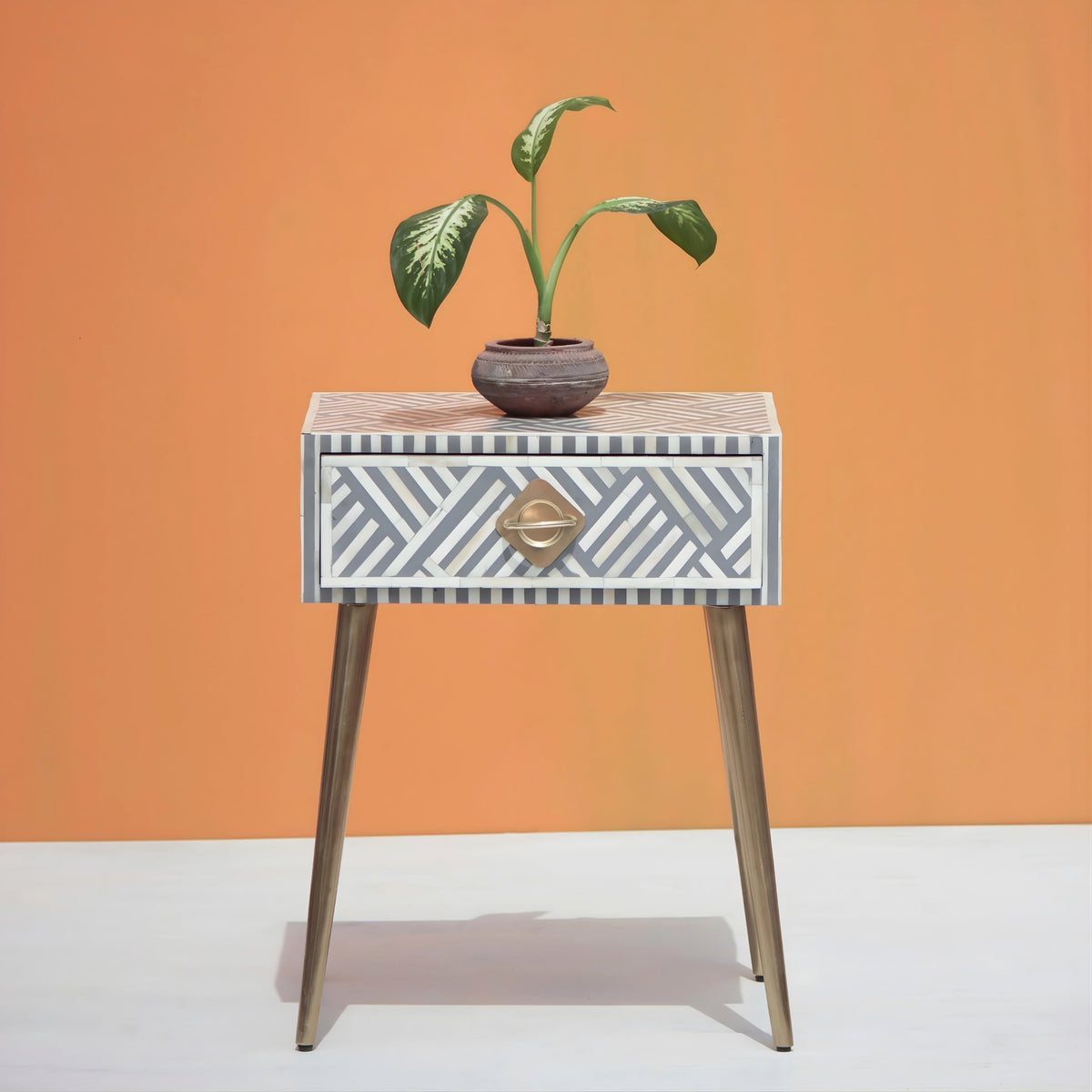 Aabha Sky Blue Bone Inlay 1 Drawer Bedside Table