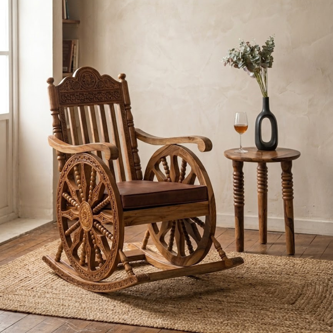 Tajliving Hand-Carved Solid Teak Wood Rocking Chair – Natural Finish Hover Image