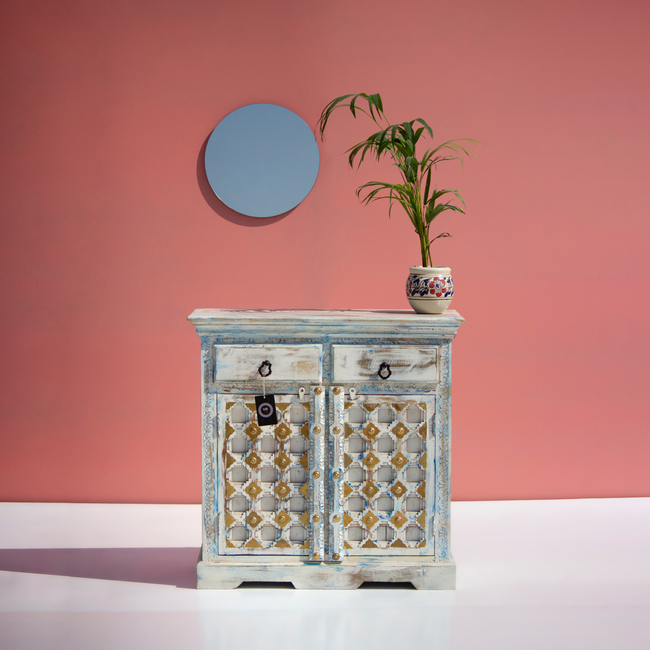 Rajasthani Reclaimed Teak Jaali Cabinet with Hand-Hammered Brass Accents Main Image