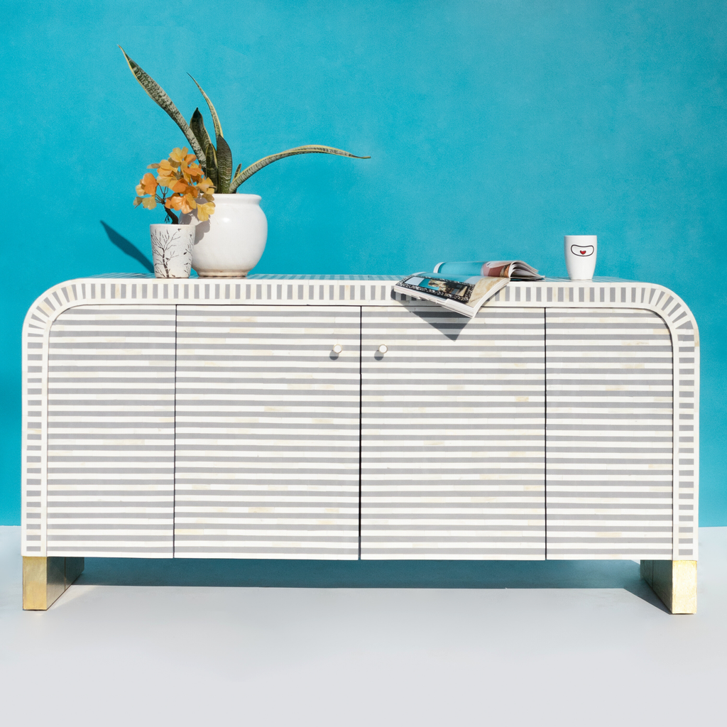 Ayodhya White Striped Sideboard Cabinet with Brass Base