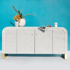 Ayodhya White Striped Sideboard Cabinet with Brass Base