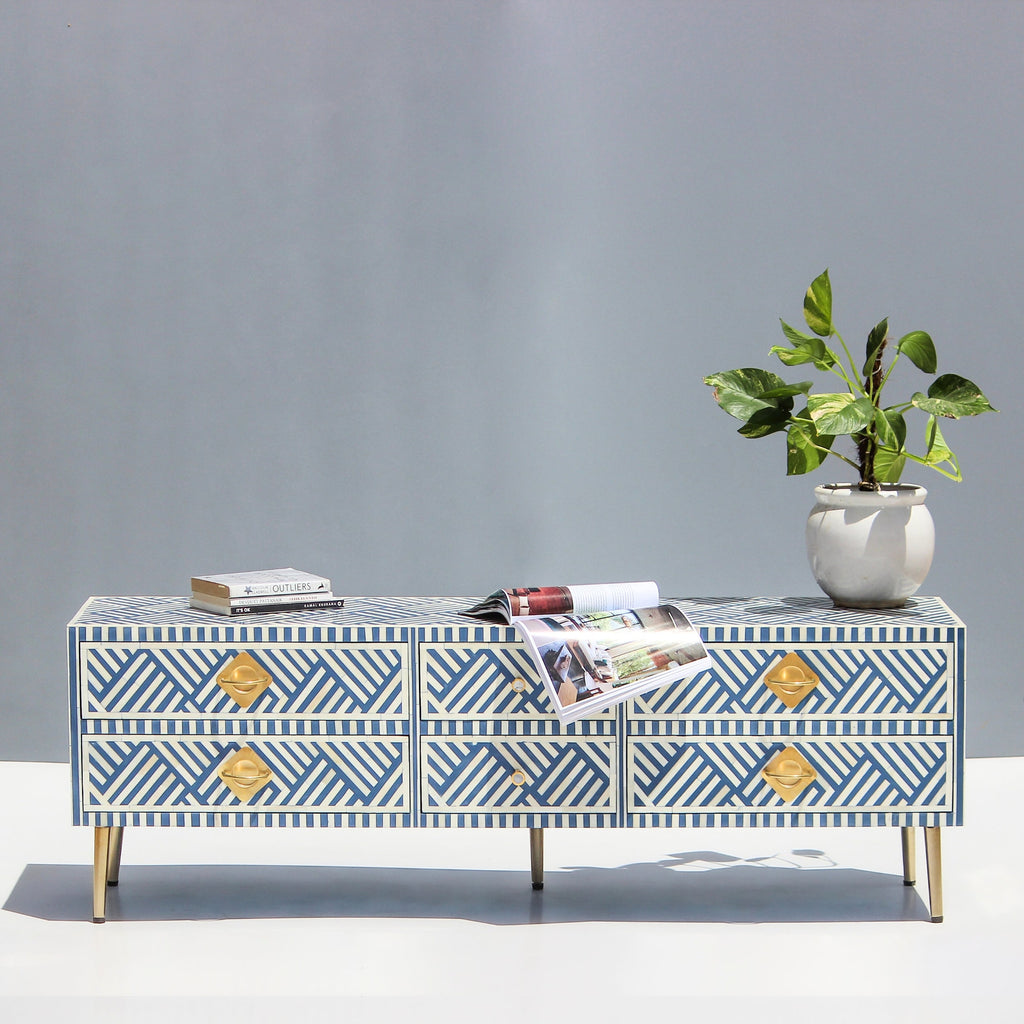 Riwaayat Blue & White Chevron Bone Inlay TV Unit