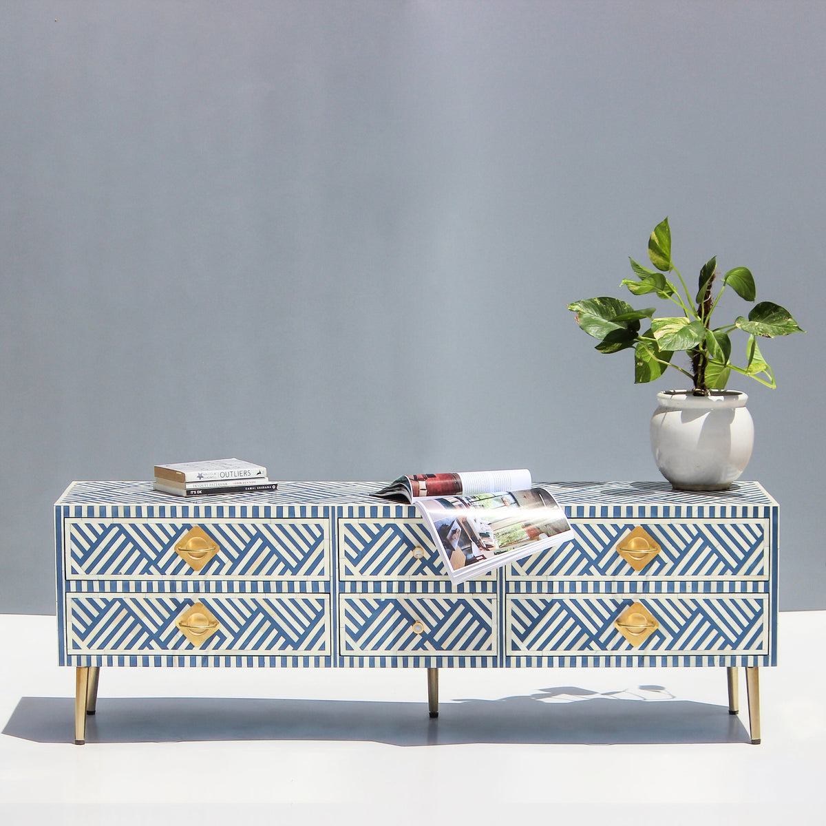 Riwaayat Blue & White Chevron Bone Inlay TV Unit