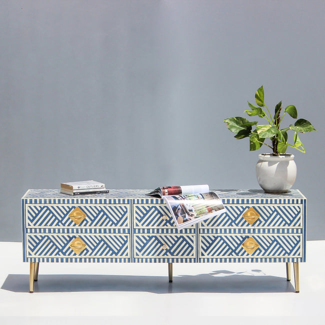 Riwaayat Blue & White Chevron Bone Inlay TV Unit Main Image
