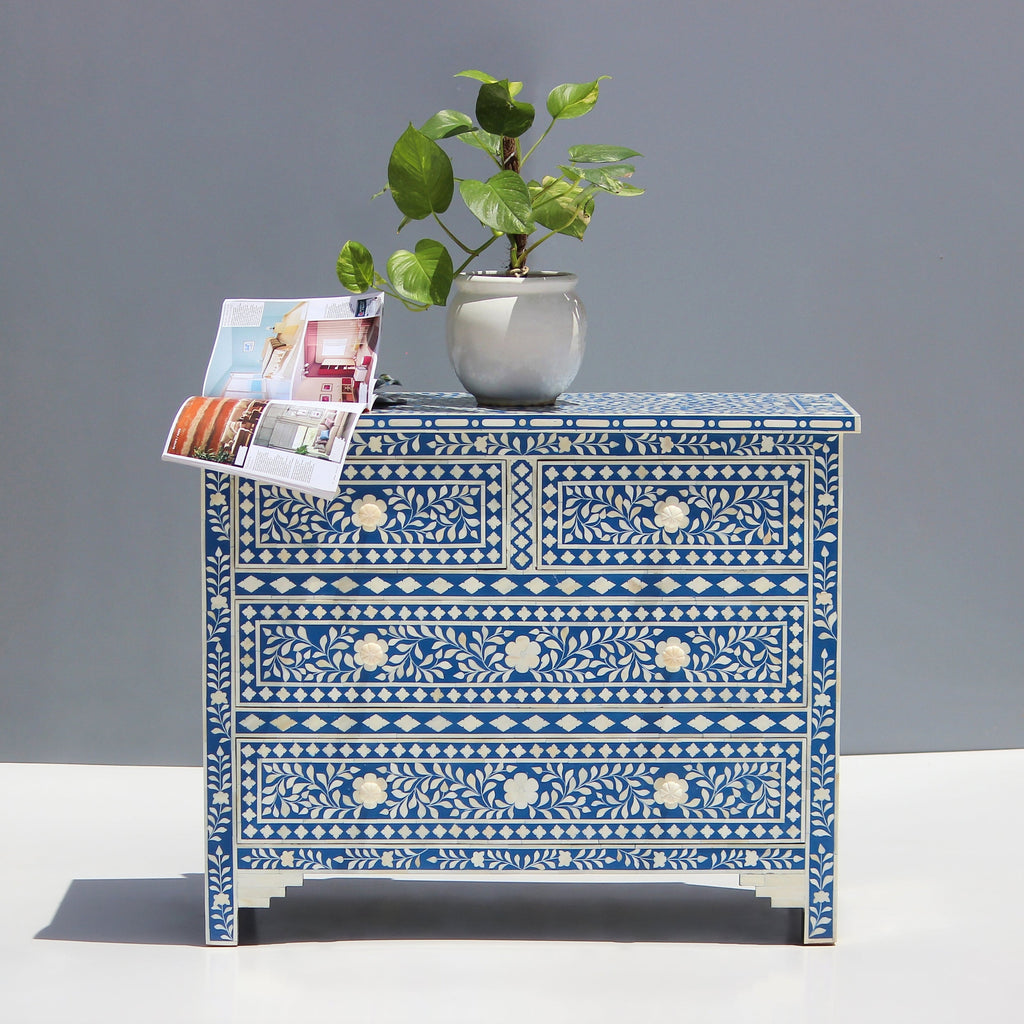 Ranibagh Navy Blue & White Floral Bone Inlay Cabinet