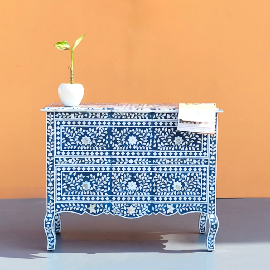 Vihana Mother of Pearl Chest of 2 Drawers Dark Blue Floral Design