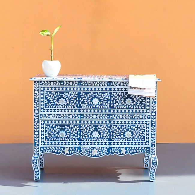 Vihana Mother of Pearl Chest of 2 Drawers Dark Blue Floral Design Main Image