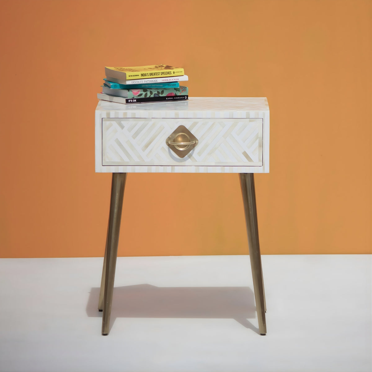Kesarika Bone Inlay 1 Drawer White Bedside Table