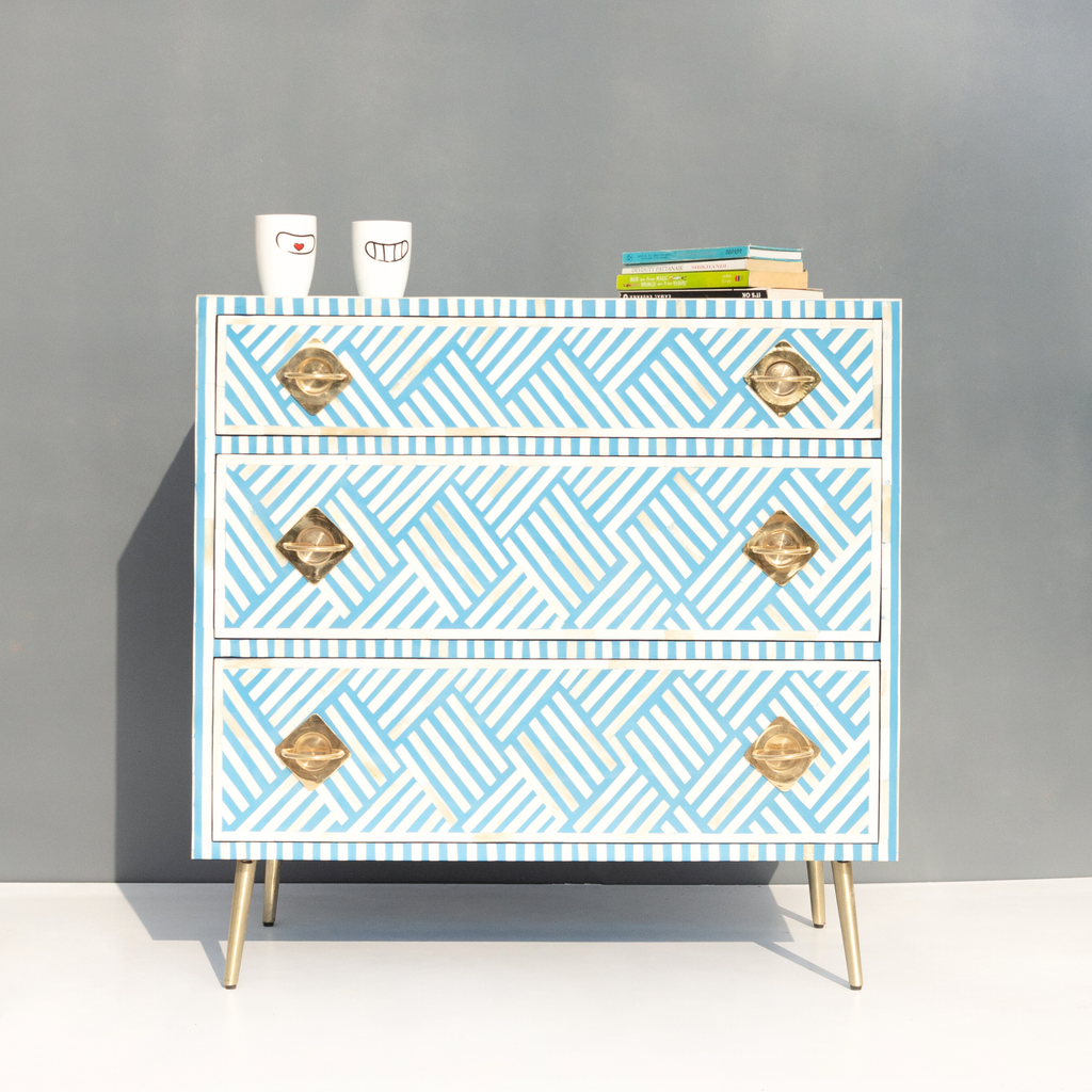 Bone Inlay Chest of 3 Drawers with Metal Knobs
