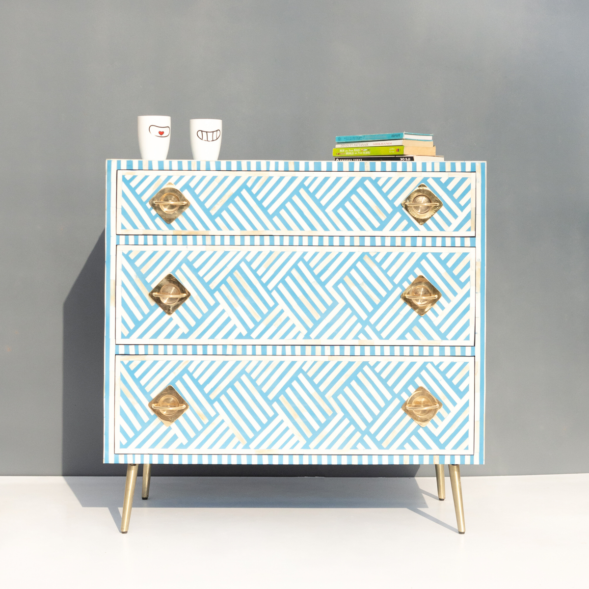 Bone Inlay Chest of 3 Drawers with Metal Knobs