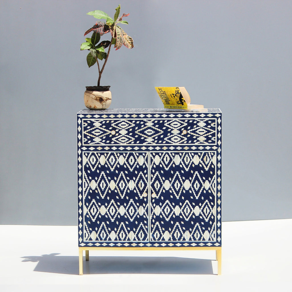 Neelmaru Blue & White Geometric Bone Inlay Cabinet with Gold-Finish Legs