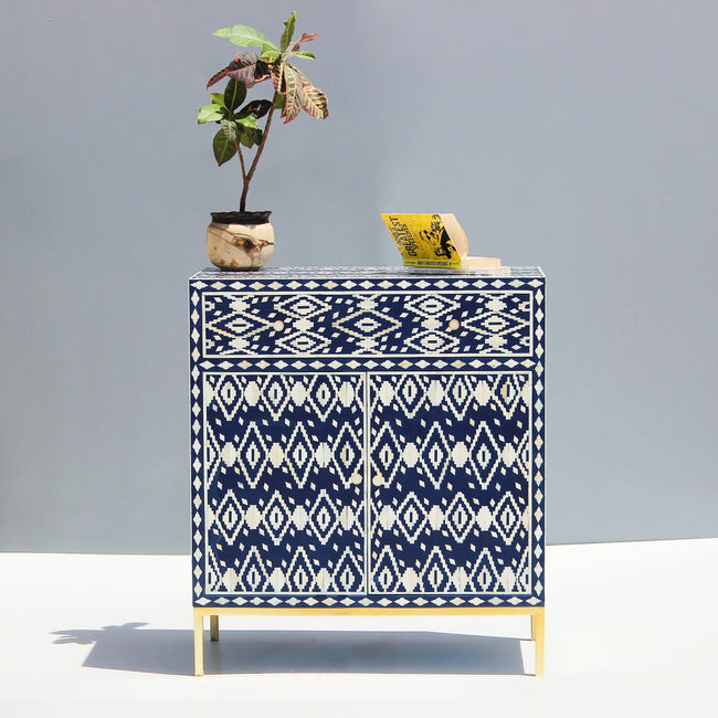 Neelmaru Blue & White Geometric Bone Inlay Cabinet with Gold-Finish Legs Main Image