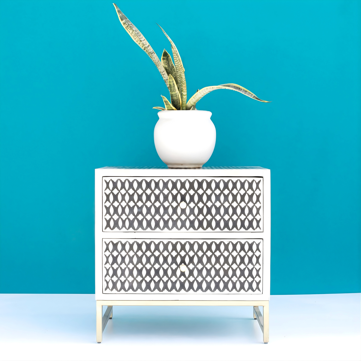Modern Black & White Bone Inlay Bedside Table with 2 Drawers