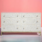 Ivory Floral Bone Inlay 6-Drawer Chest with Gold-Finish Metal Legs