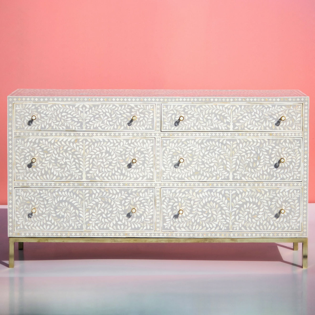 Ivory Floral Bone Inlay 6-Drawer Chest with Gold-Finish Metal Legs