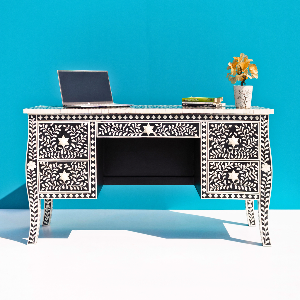 Sheesh Mahal Black Floral Bone Inlay 5-Drawer Office/Home Desk