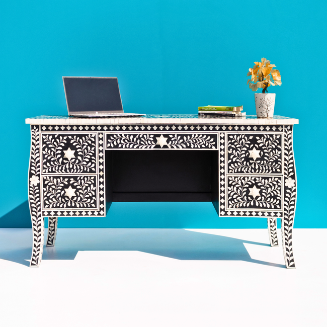 Sheesh Mahal Black Floral Bone Inlay 5-Drawer Office/Home Desk Main Image