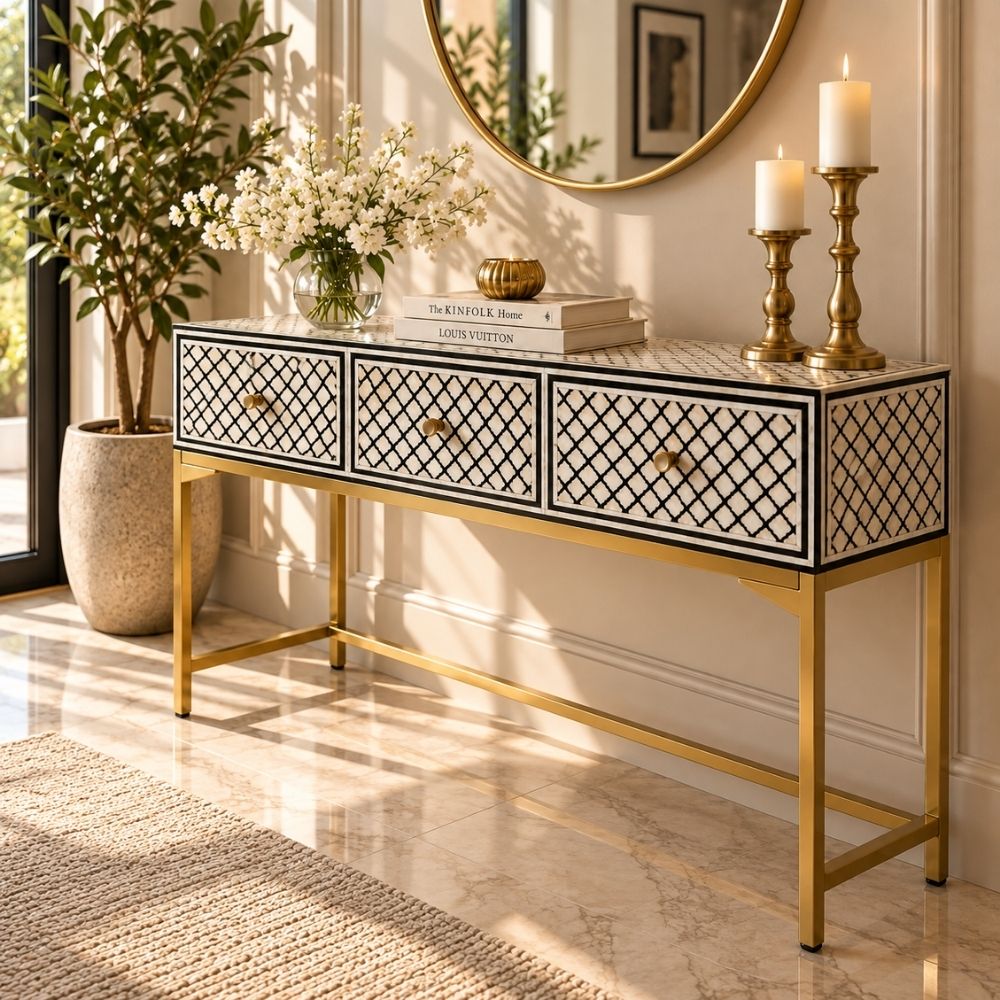 Rangrez Black and White Geometric Mother of Pearl Inlay Console Table
