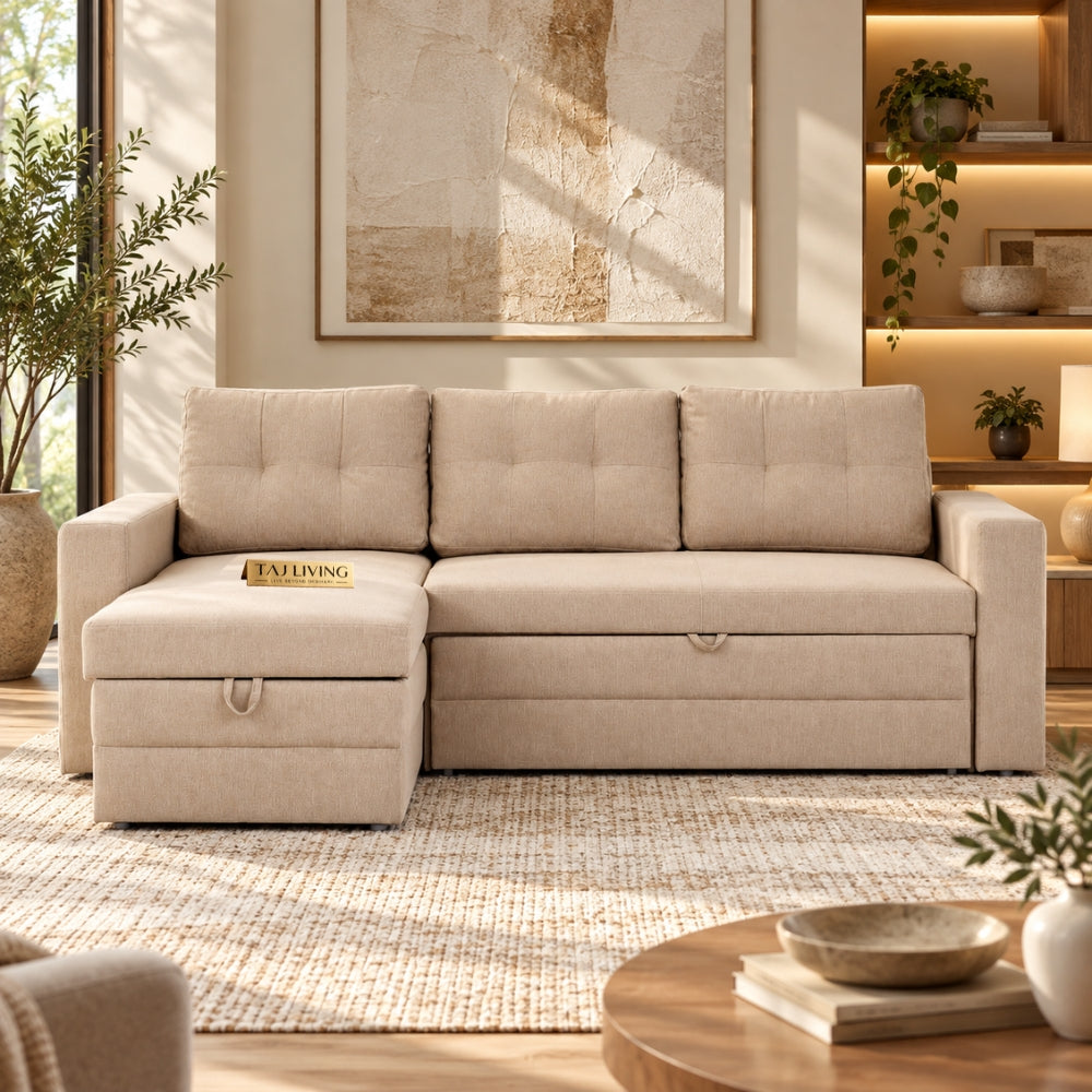 Diwan Fabric 3-Seater Storage Sofa Bed with Interchangeable Chaise - Beige