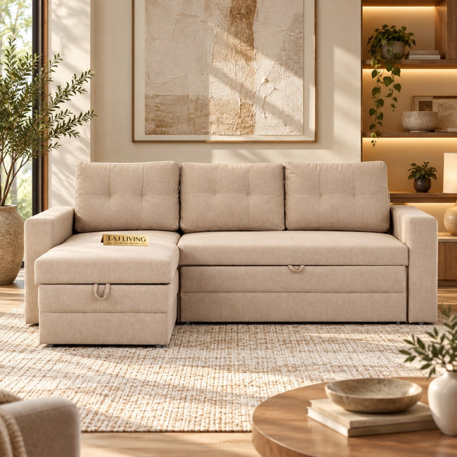 Diwan Fabric 3-Seater Storage Sofa Bed with Interchangeable Chaise - Beige Hover Image