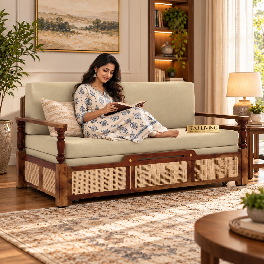 Ayaana Sheesham Wood 3 Seater Sofa Cum Bed with Cane Weaving & Premium Upholstery