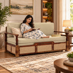 Ayaana Sheesham Wood 3 Seater Sofa Cum Bed with Cane Weaving & Premium Upholstery