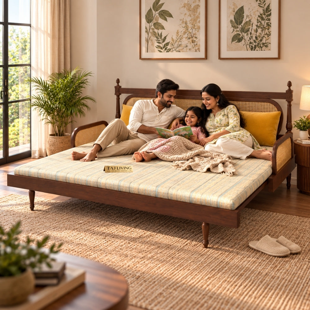 Cane-Style Day Bed with Cushioned Backrest for Indian Homes
