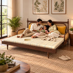 Cane-Style Day Bed with Cushioned Backrest for Indian Homes