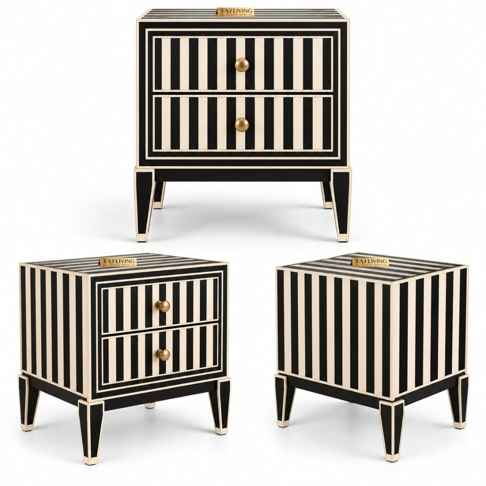 Rangoli Black Bone Inlay Nightstand | 2 Drawer Luxury Bedside Table