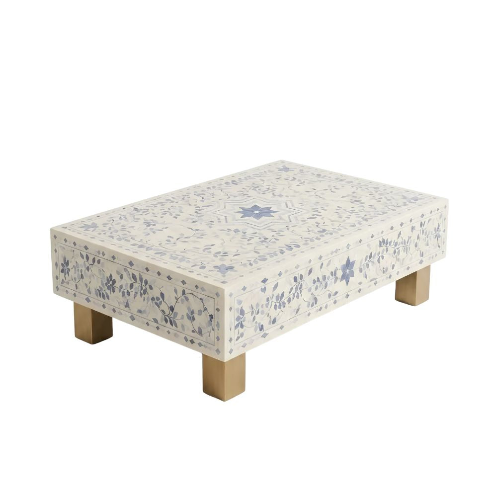Blue Bone Inlay Rectangular Coffee Table, White Resin Top with Brass Legs