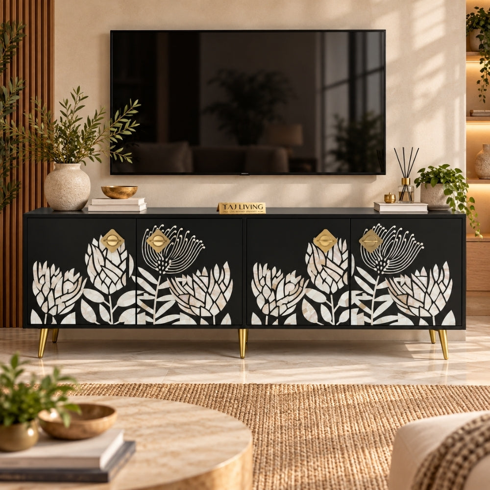 Mother of Pearl Inlay Black TV Unit – 4 Door Media Cabinet