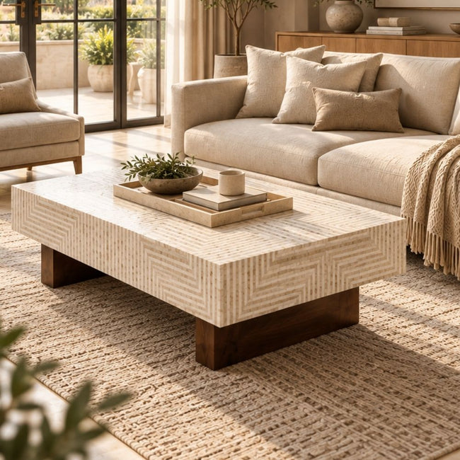 Mother of Pearl Inlay Rectangular Coffee Table, White Luxury Coffee Table with Wooden Legs Main Image