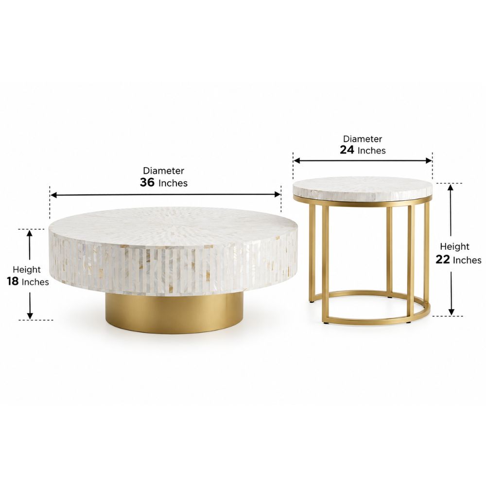 Mother of Pearl Inlay Coffee Table and Nesting Table Set, White Round Tables