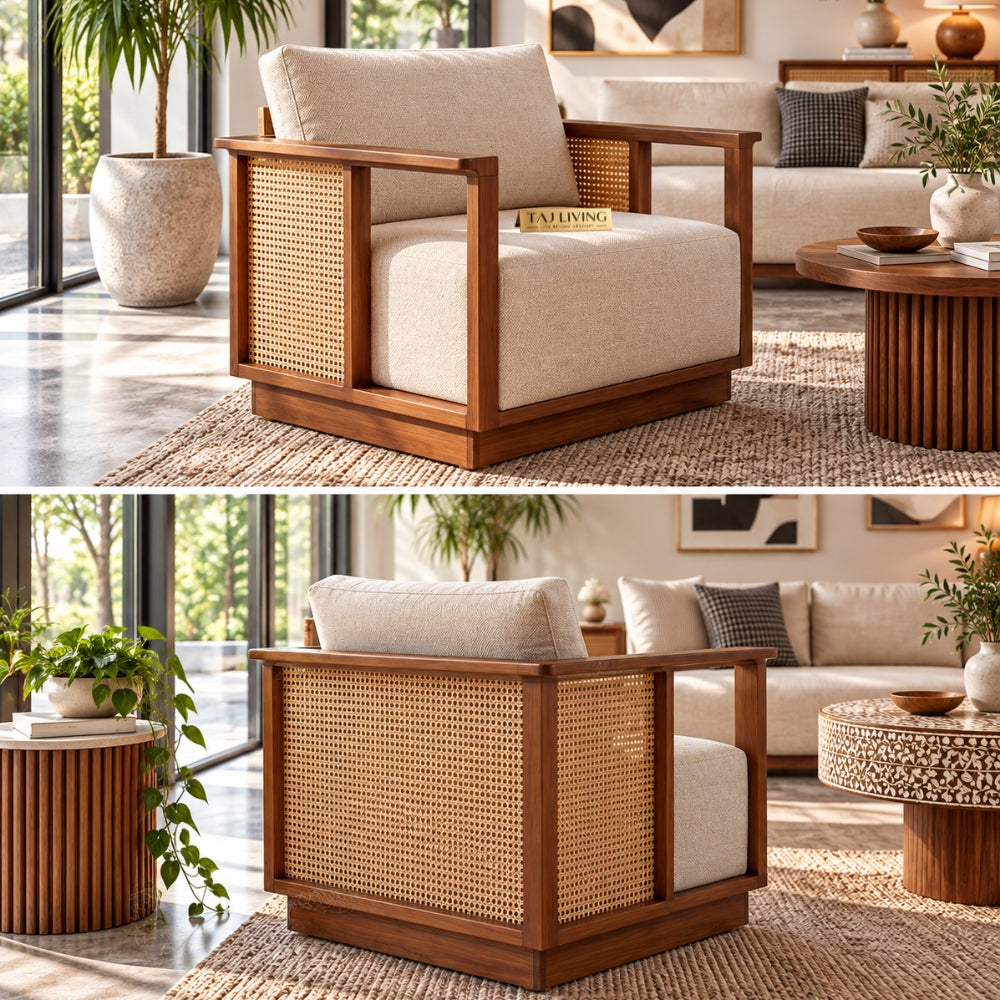 Teak Wood Varnik 3+1+1 Ash Wood Sofa Set with Cane Accents