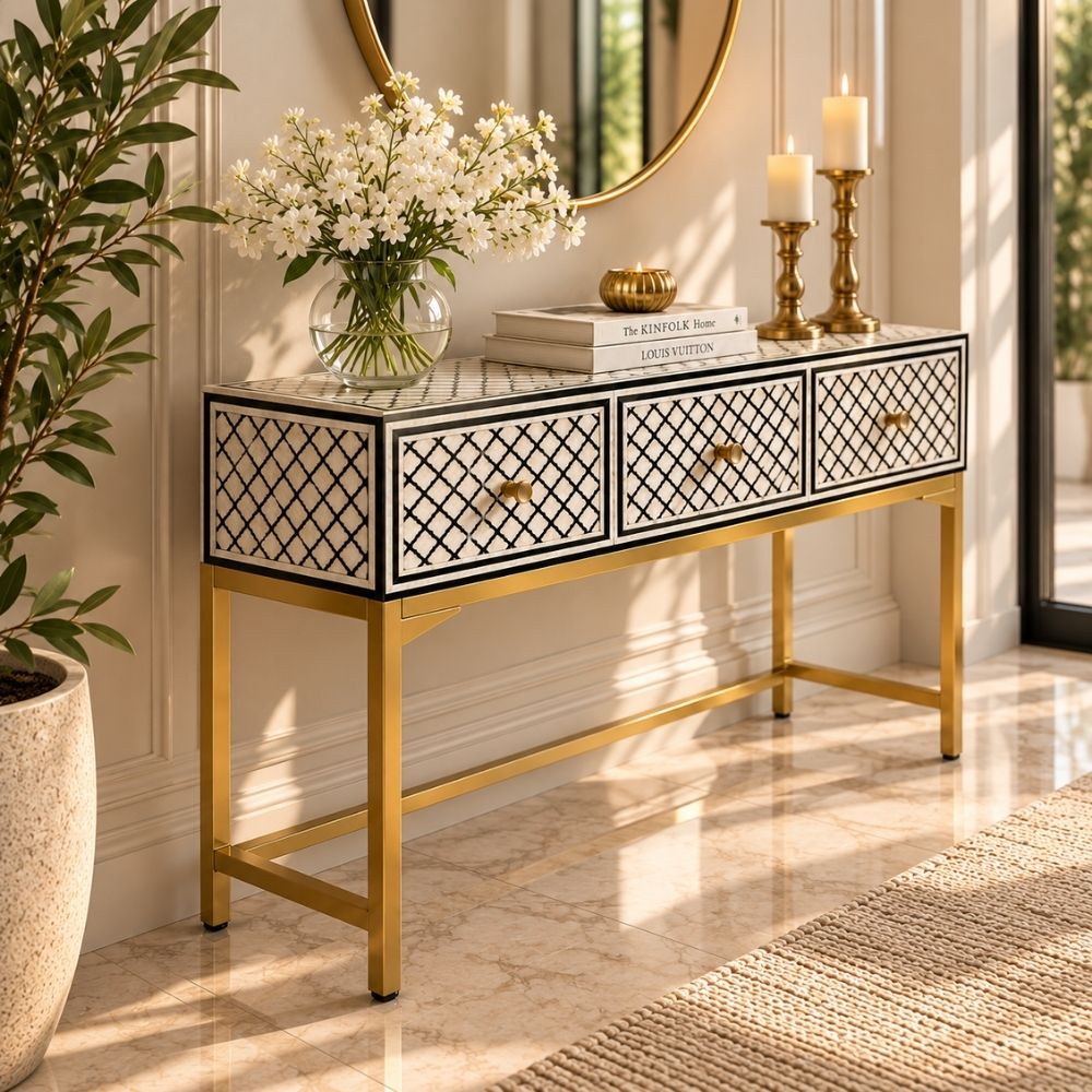 Rangrez Black and White Geometric Mother of Pearl Inlay Console Table
