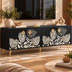 Mother of Pearl Inlay Black TV Unit – 4 Door Media Cabinet