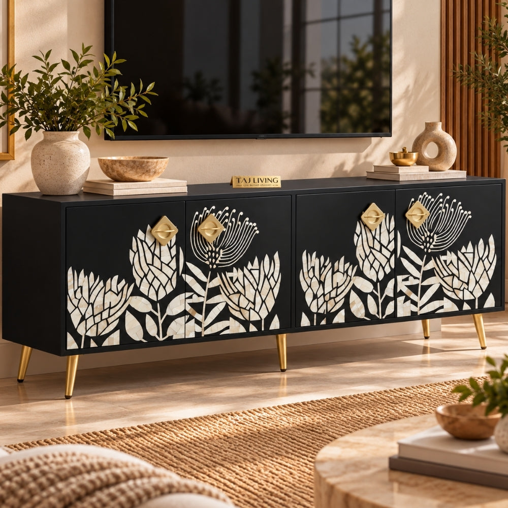 Mother of Pearl Inlay Black TV Unit – 4 Door Media Cabinet
