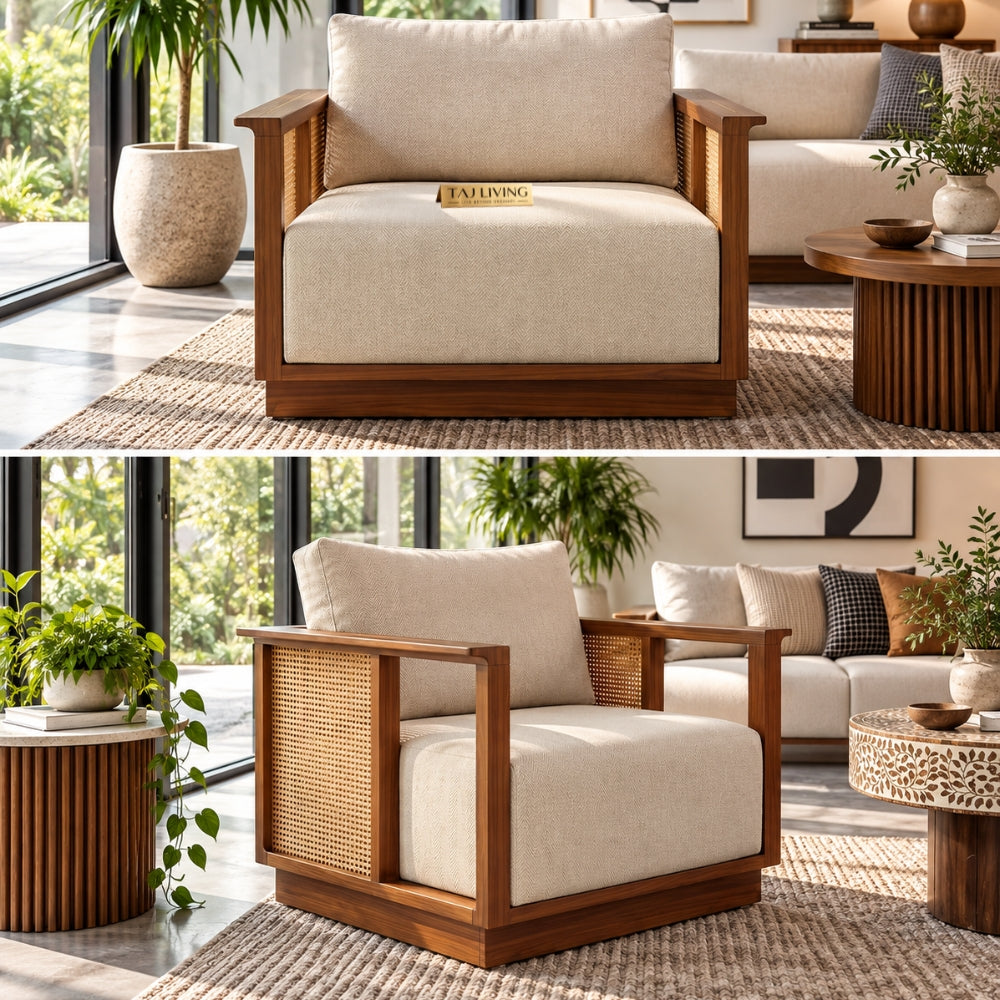 Teak Wood Varnik 3+1+1 Ash Wood Sofa Set with Cane Accents