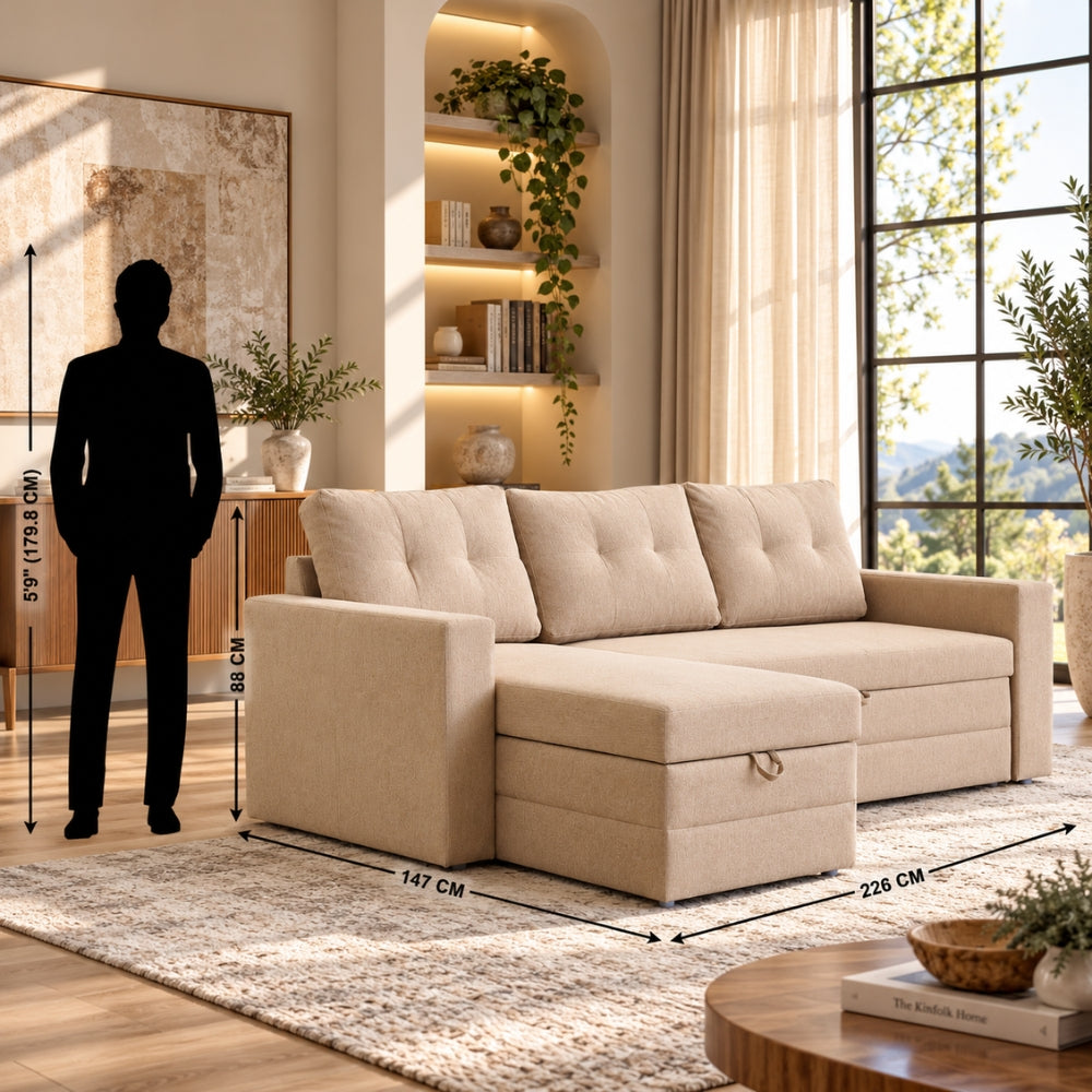 Diwan Fabric 3-Seater Storage Sofa Bed with Interchangeable Chaise - Beige