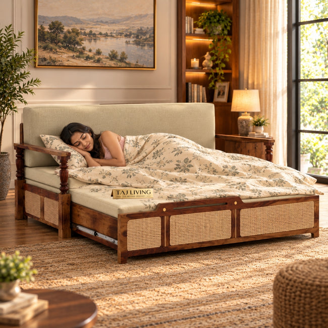Ayaana Sheesham Wood 3 Seater Sofa Cum Bed with Cane Weaving & Premium Upholstery Main Image