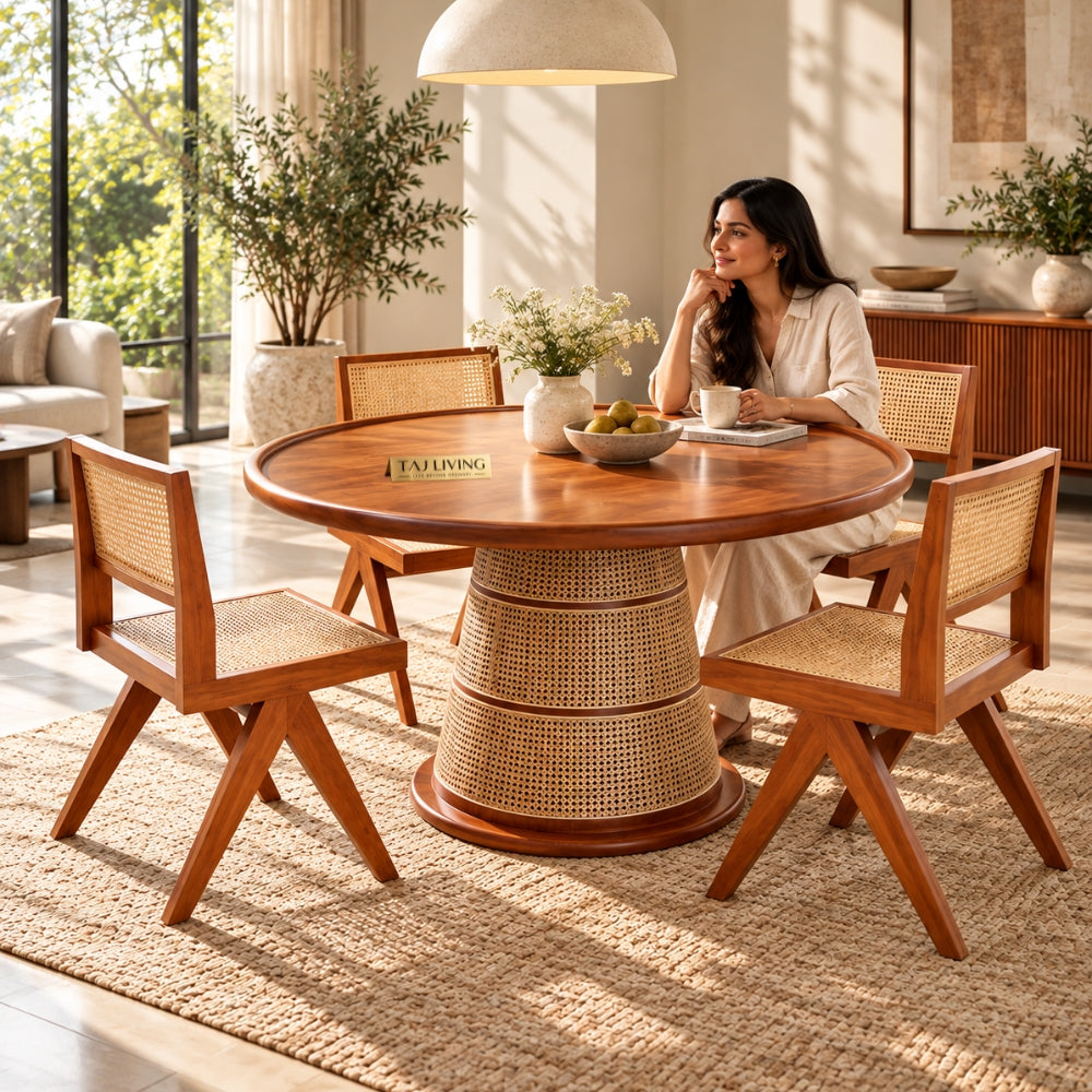 Pavitra Baithak Rattan Dining Table with 4 Chairs – Handcrafted 4 Seater Wooden Dining Set