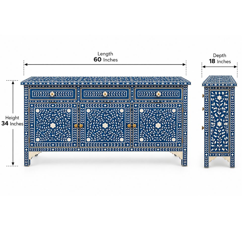 Aangan Blue & White Bone Inlay Floral 4 Drawer 4 Door Buffet Cabinet / Sideboard