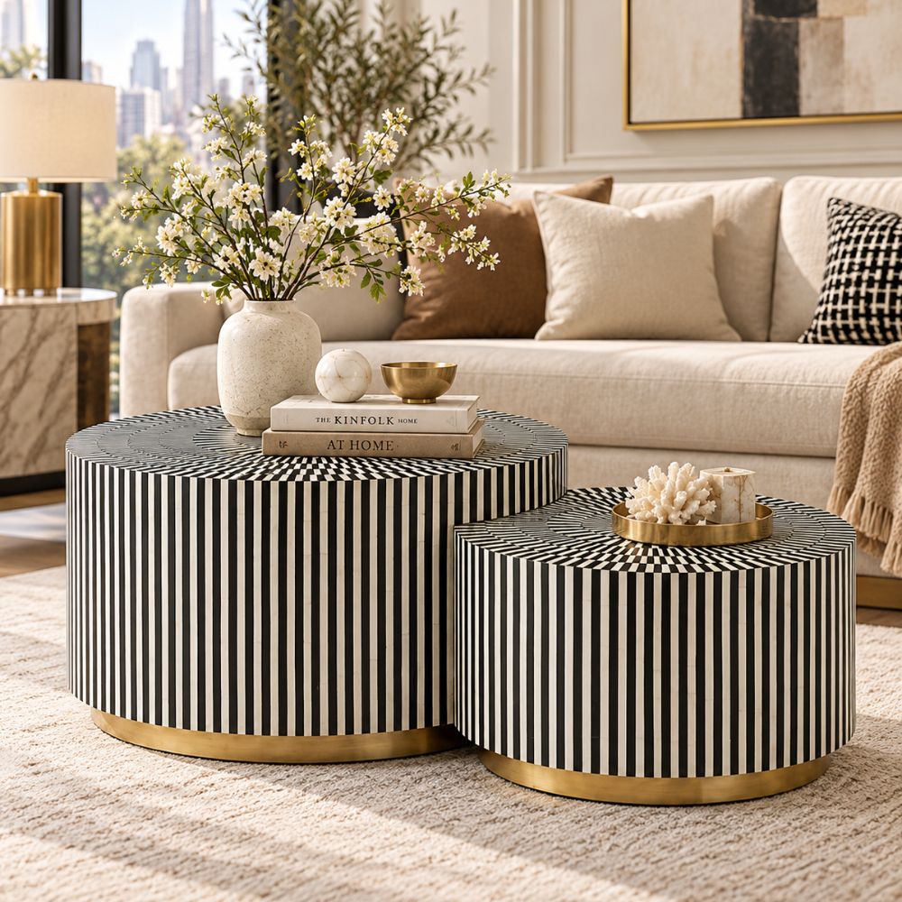 Bone Inlay Black and White Coffee Table Set of 2, Round Nesting Tables
