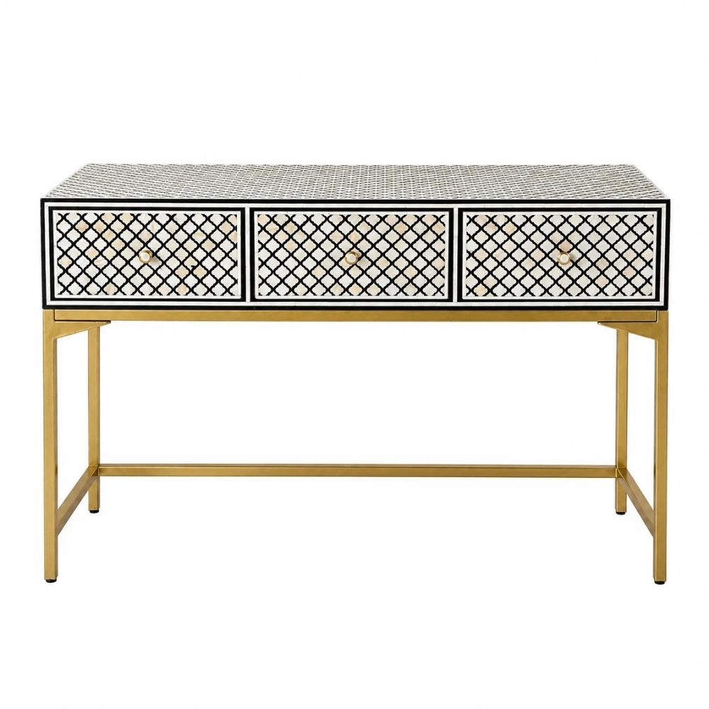 Rangrez Black and White Geometric Mother of Pearl Inlay Console Table