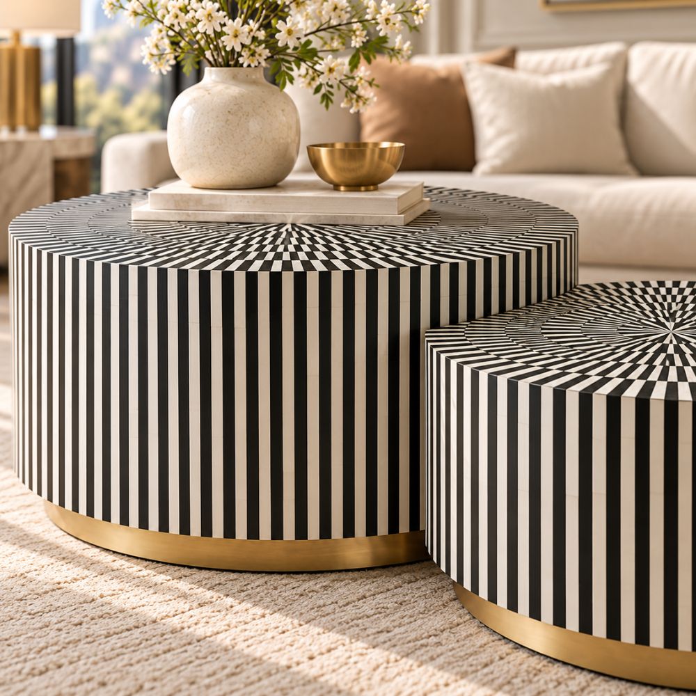 Bone Inlay Black and White Coffee Table Set of 2, Round Nesting Tables
