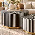 Bone Inlay Black and White Coffee Table Set of 2, Round Nesting Tables