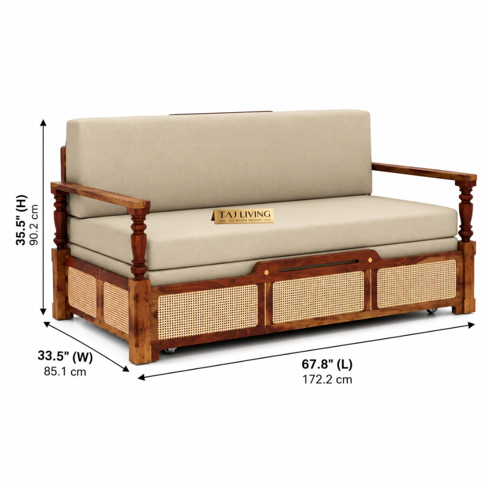 Ayaana Sheesham Wood 3 Seater Sofa Cum Bed with Cane Weaving & Premium Upholstery